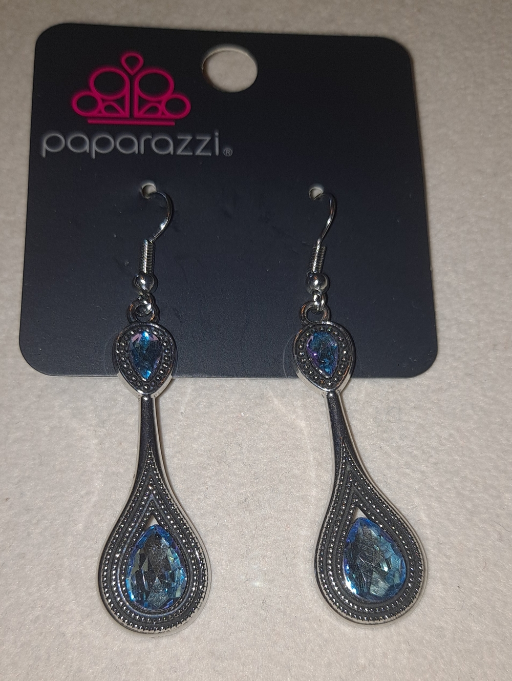 paparazzi Silver Teardrop Dangle Earrings with Blue Crystals